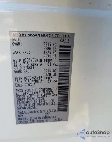 2015 Infiniti Qx60 from USA, damaged, VIN 5N1AL0MM8FC543348